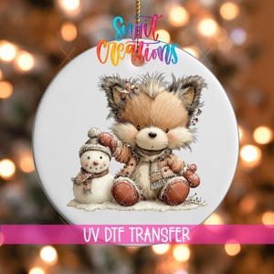 Winter Fox and Snowman Ornament UV DTF Transfer | Blush Pink Woodland Friends in Snow | O-2182