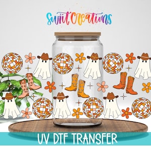 YeeHaw Ghosts Uv Dtf | 16oz Libbey Glass Tumbler Wrap | Cowboy Disco Ghost Libby Wrap | Fall Halloween Wrap | Coffee Mug Transfer | DTF154