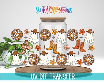 Fantasmas YeeHaw UV DTF / Vinilo para vaso Libbey de 16 oz / Vinilo Cowboy Disco Ghost Libby / Vinilo de Halloween de otoño / Transferencia para taza de café / DTF154