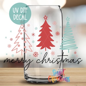Merry Christmas Uv Dtf | 16oz Libbey Glass Cup Tumbler Wrap | Christmas Trees Libby Wrap | Holiday Uv Dtf Transfer | Mug Transfer | UV1149