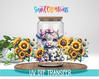 Envoltura para vaso de vidrio Libbey de 16 oz con diseño de vaca linda, diseño de girasol, diseño de vaca de las Tierras Altas, transferencia para taza de café, DTF018
