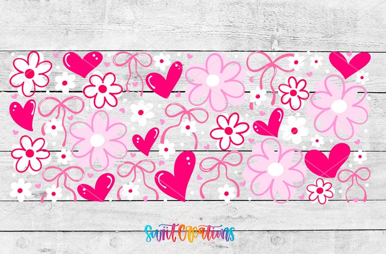 The image is a collage of various pink and white floral and heart designs arranged on a wooden background.