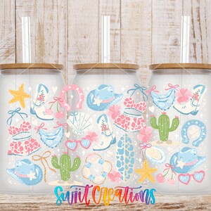 three glass tumblers with colorful illustrations of various objects, such as a star, cactus, and sunglasses, printed on them.
