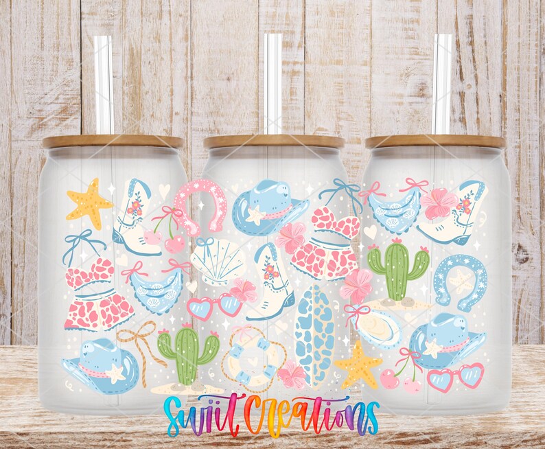 three glass tumblers with colorful illustrations of various objects, such as a star, cactus, and sunglasses, printed on them.