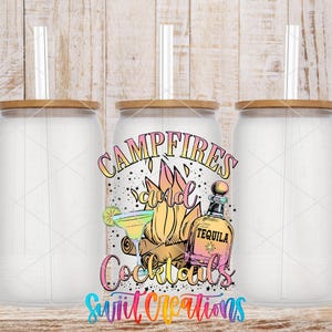 three clear glass tumblers with lids, arranged in a row. In the center of the image, there is a colorful graphic design that includes a bottle of tequila, a cocktail glass, and the text "CAMPFIRE COCKTAILS" along with the word "Sauerkraut" written below.