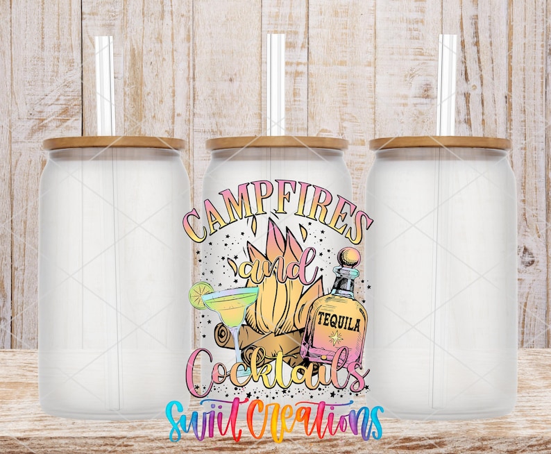 three clear glass tumblers with lids, arranged in a row. In the center of the image, there is a colorful graphic design that includes a bottle of tequila, a cocktail glass, and the text "CAMPFIRE COCKTAILS" along with the word "Sauerkraut" written below.