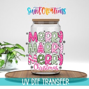 Merry Christmas Pink Patchwork UV DTF Cup Decal | UV1214