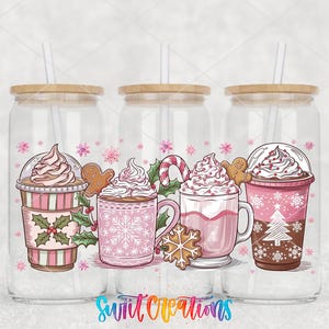 A collection of three glass tumblers with various colorful drinks, each with a straw and decorated with snowflakes, gingerbread men, and other festive elements.
