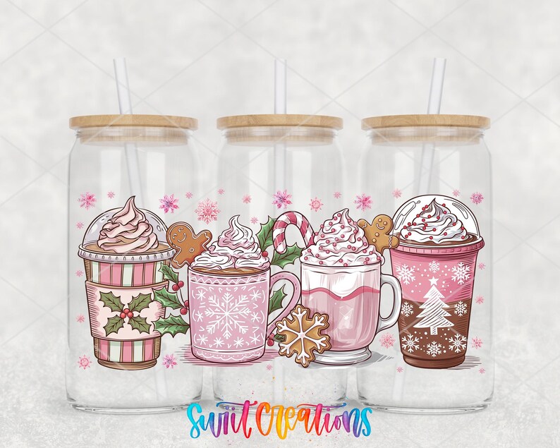 A collection of three glass tumblers with various colorful drinks, each with a straw and decorated with snowflakes, gingerbread men, and other festive elements.