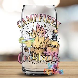 a glass with a colorful design that includes a tequila bottle, cocktail glasses, and a campfire, along with the text "Campfires and Cocktails" and "Suitcase Creations".