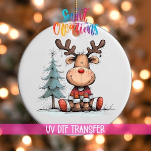 Cute Reindeer Ornament UV DTF Decal | Hand Drawn Christmas Tree Wrap | Cozy Sweater Holiday UVDTF Decal | Festive Ornament Transfer | O-1268