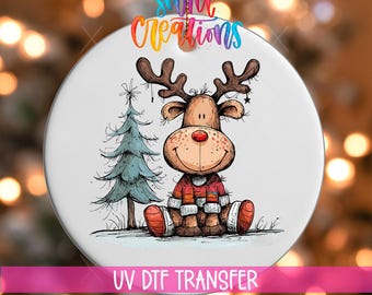 Cute Reindeer Ornament UV DTF Decal | Hand Drawn Christmas Tree Wrap | Cozy Sweater Holiday UVDTF Decal | Festive Ornament Transfer | O-1268