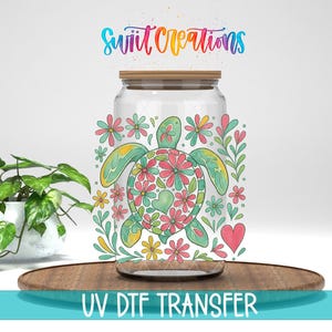 Calcomanía UV DTF de tortuga marina / Transferencia floral para taza de café / Playa tropical / Diseño costero de vida marina / Lindo diseño de animales marinos para tazas / UV1477