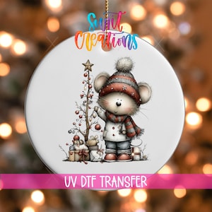 Christmas Mouse UV DTF Ornament Decal | Cute Holiday Mouse with Tree and Gifts Transfer | Winter Whimsical Animal Design | O-1761