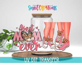 Le meilleur papier peint pour verres pour maman de tous les temps | Sticker UV DTF floral avec chaussures roses et imprimé léopard | Conception mignonne d'autocollant de tasse de fête des mères | DTF267
