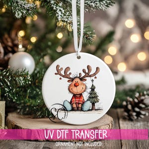 Reindeer Christmas UV DTF Ornament Decal | Cute Reindeer Winter Wrap | Sitting Reindeer UVDTF Decal | Holiday Ornament Transfer | O-1267