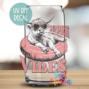 Summer Vibes Uv Dtf 16oz Libbey Glass Cup Tumbler Wrap | Coffee Mug Transfer | Cow | Summer | Beach | 16oz Glass Cup Wrap | Drinking | UV925