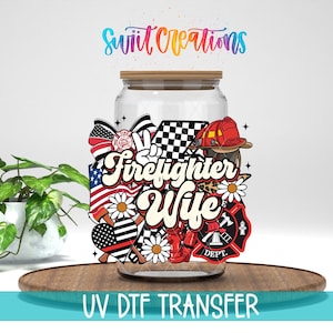 Esposa de bombero Bandera estadounidense Departamento de bomberos Calcomanía UV DTF para taza / UV1447
