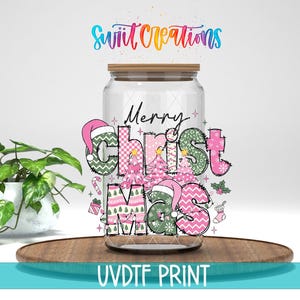 Feliz Navidad. Calcomanía para taza con diseño UV de patchwork rosa / UV1212
