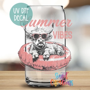 Summer Vibes Uv Dtf 16oz Libbey Glass Cup Tumbler Wrap | Coffee Mug Transfer | Cow | Summer | Beach | Drinking | Libbey Jar Wrap | UV927