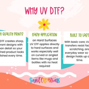 The image is a colorful and informative graphic that explains the benefits of UV DFT (UV-Short-wave DFT) for creating high-quality prints, easy application on hard surfaces, and the ability to build to last.
