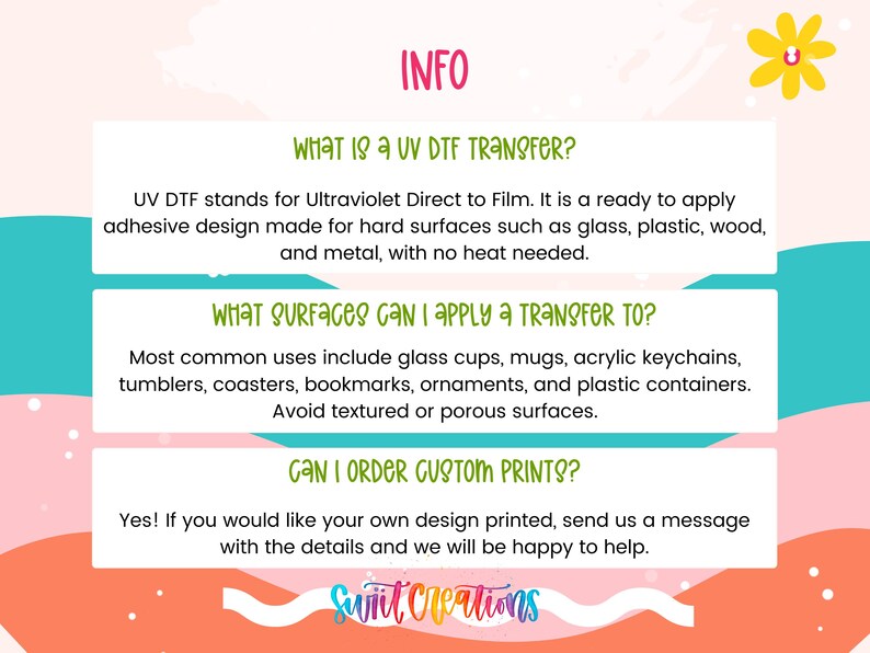 text and graphics related to UVDF transfers and custom prints.