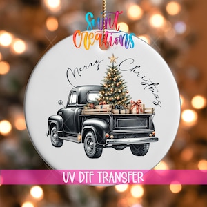Merry Christmas Truck UV DTF Ornament Decal | Vintage Black Pickup with Tree and Gifts | Holiday Transfer for DIY Decor & Gifts | O-1320