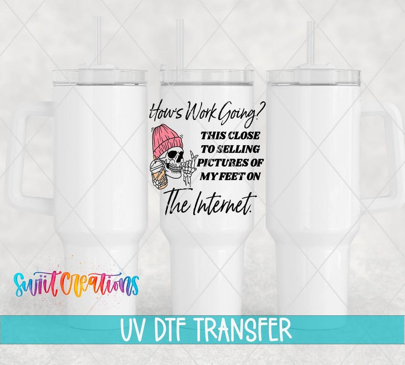 The image is a digital transfer of a design featuring a skeleton wearing a pink hat and holding a drink, with text overlaying the image.