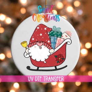 Santa Gnome Sleigh UV DTF Ornament Decal | Gifts & Bell Christmas Uvdtf Transfer | Cute Holiday Gnome UVDTF Design | O-1609