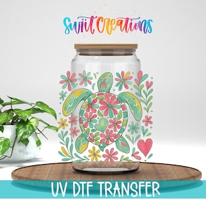 Calcomanía para taza con diseño floral costero y tortuga marina, UV DTF / UV1477