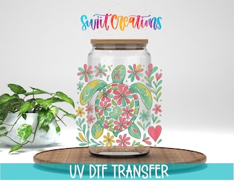 Adesivo UV DTF per tazza con motivo floreale costiero e tartaruga marina / UV1477