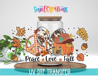 Peace Liebe Herbst Uv Dtf | 16 Unzen Libbey Glass Cup Tumbler Wrap | Kürbis Herbstlich Libby Wrap | Niedliches Herbst Tumbler Design | Tasse Transfer | DTF158