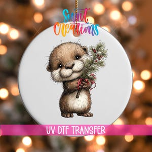 Woodland Otter Holding Greenery Christmas Ornament UV DTF Transfer Holiday Animal Winter Decor Gift | O-1879