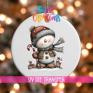 Whimsical Snowman Christmas UV DTF Ornament Decal | Cute Candy Cane Holiday Transfer for Ornaments | O-1751