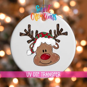 Reindeer Christmas UV DTF Ornament Decal | Holiday Antler Reindeer Transfer | Cute Red Nose Reindeer Design | O-1610