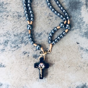 Rosary Hematite Bracelet with St Benedict Medal and Cross