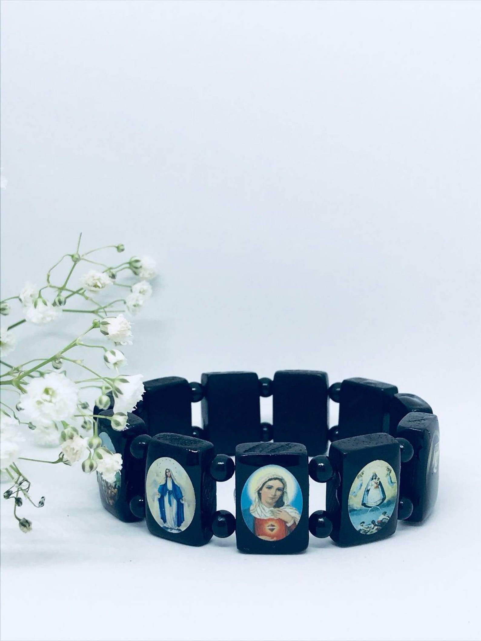 Black Wood Catholic Bracelet With Assorted Images of Jesus Etsy