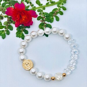 St Benedict Medal Bracelet with White Glass Pearl and Gold Plated Spacer