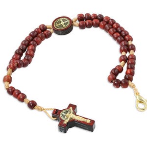 Wood Rosary Bracelet with St Benedict Medal and Cross