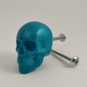 May include: A teal skull-shaped cabinet knob with two silver screws. The skull has a smooth, metallic finish and is positioned in front of a plain white background. This decorative hardware adds a unique touch to furniture.