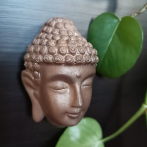 May include: A bronze-colored Buddha head sculpture with closed eyes and detailed hair. The sculpture is set against a dark background, with green leaves in the foreground.