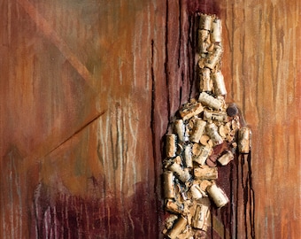 Wine Story, Abstract Acrylic Painting on Canvas, Cork Mixed Media