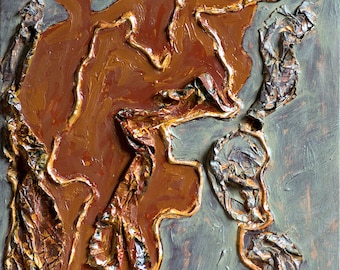 Golden Canyon Abstract Oil Painting, Mixed Media Art, 12x9