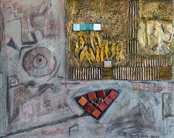 LA FERMETE FIRMNESS, abstract mixed media painting on hardboard