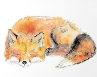 Fox painting, woodland nursery, animal art print, watercolor wall art, baby shower gift, fox wall decor