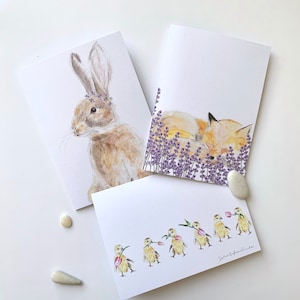 3 cartes de souhaits Printemps et Pâques, Lapin, poussins et renard aux fleurs mauves, tulipes