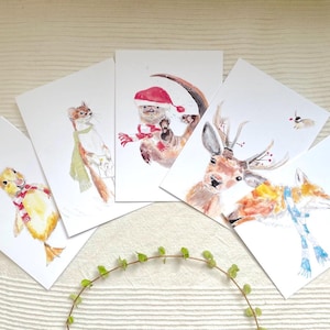 NOUVEAUTÉS ! Cartes de souhaits Noël, ENSEMBLE de 5 cartes, Renard, Cerf, Loutre, Belette et bébé Canard en hiver.