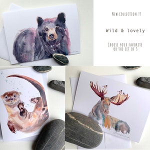 3 tarjetas de felicitación Animales del bosque, oso negro, nutria de río y alce con chickadees, hecho en Quebec