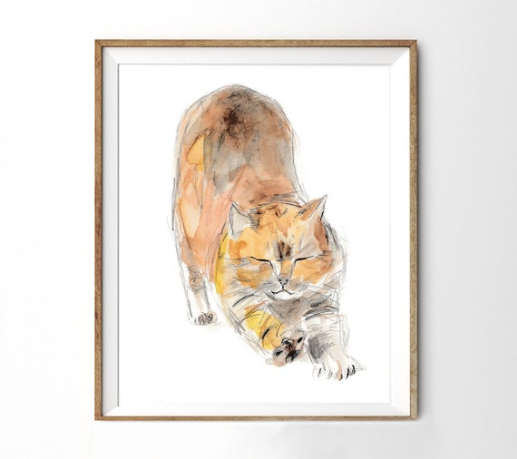 Art Chat Aquarelle Et Dessin Chat Qui S Etire Etsy