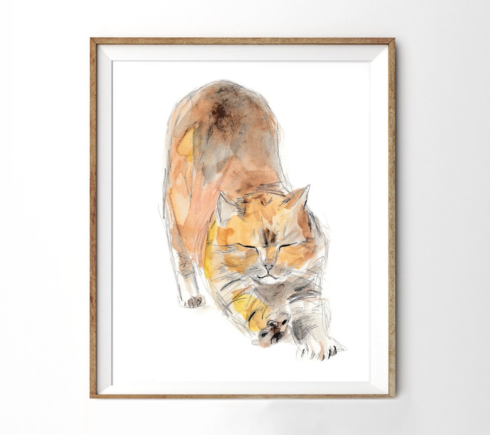 Art Chat Aquarelle Et Dessin Chat Qui S Etire Etsy Art Chat Aquarelle Et Dessin Chat Qui S Etire Etsy